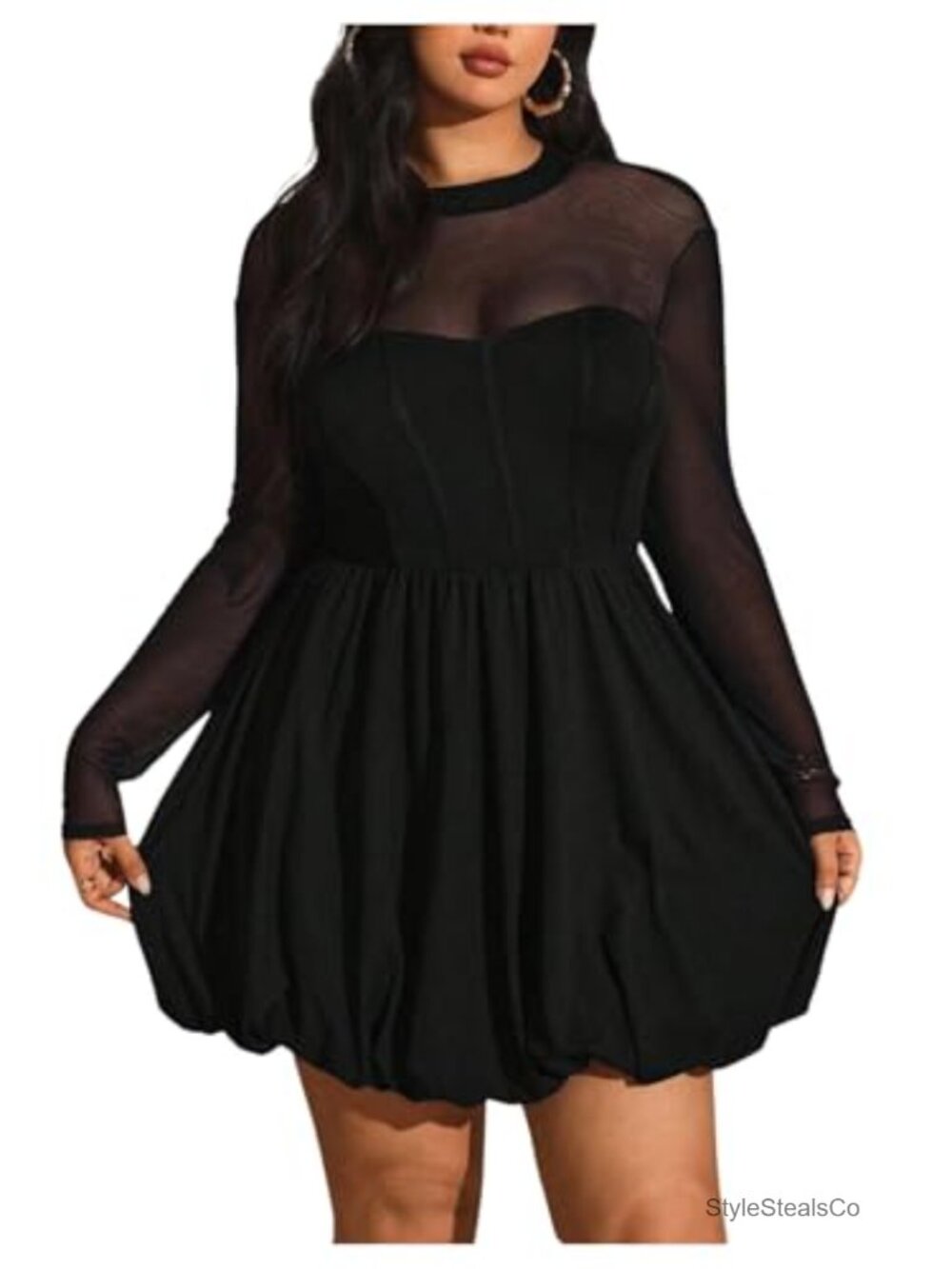 Plus Size Mini Dress Long Sleeve Bubble Hem Cocktail Party